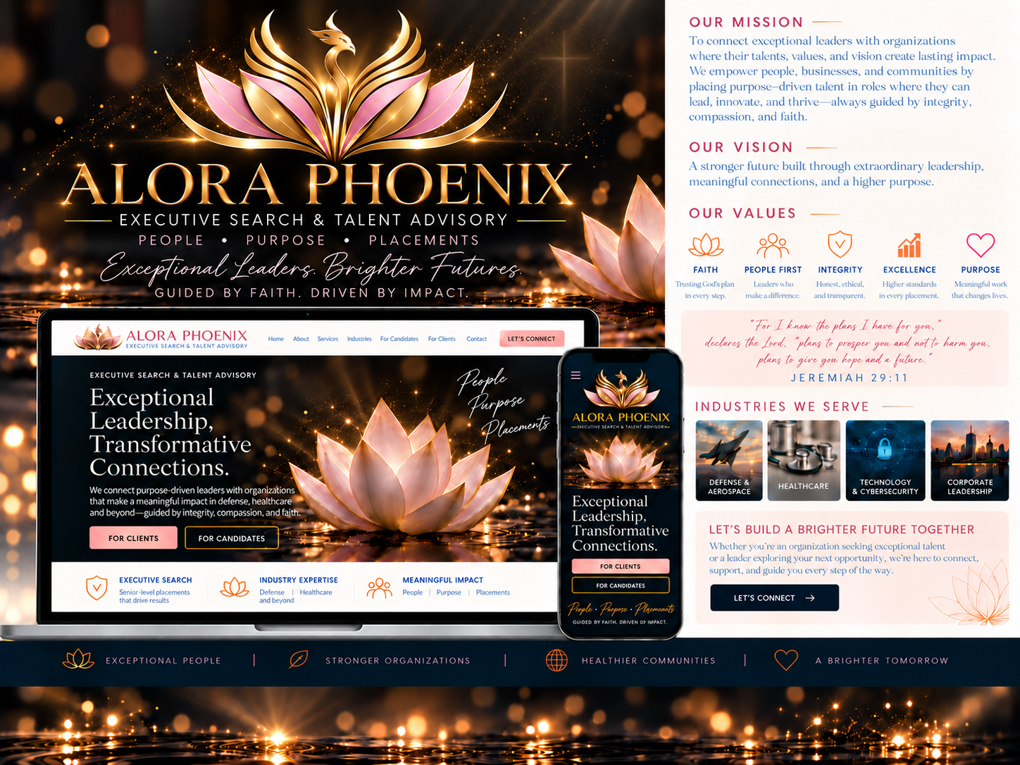 The approved ALORA PHOENIX website design: gold and blush phoenix emerging from a lotus, faint cross, black-and-gold background, website mockups, and mission, vision and values panel.